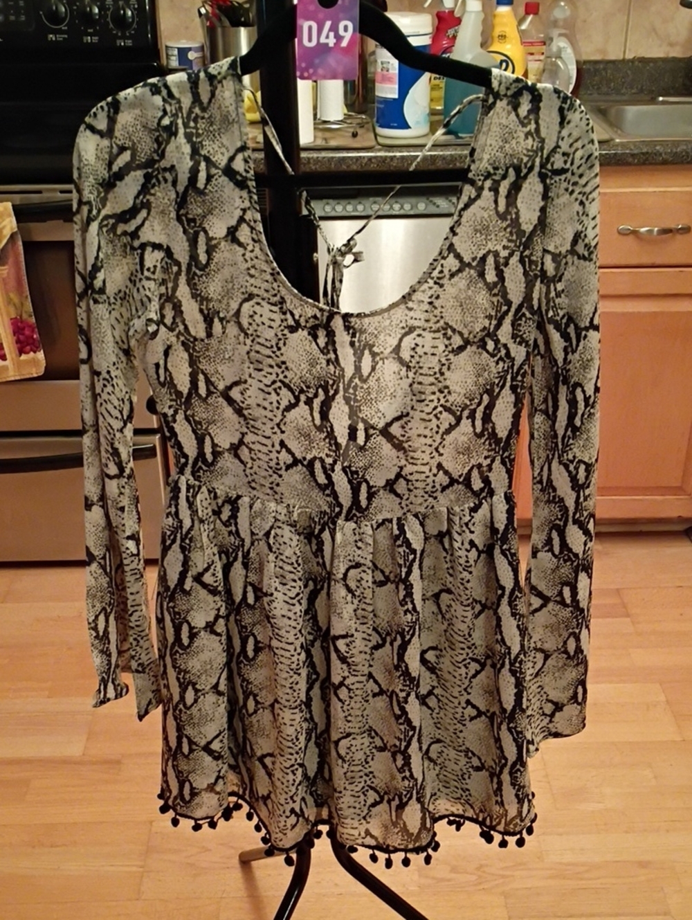 Tobi Black and Cream Snake-Print Pom Hem Mini Dress